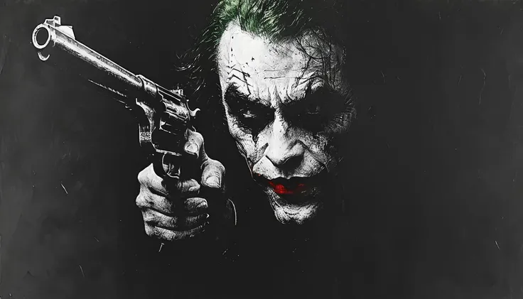 impactful paint of The Joker pointing a gun to the viewer <lora:Desolation:0.8>, , highly detailed, 8k, sharp, professional, clear, high contrast, high saturated, , vivid deep blacks, crystal clear