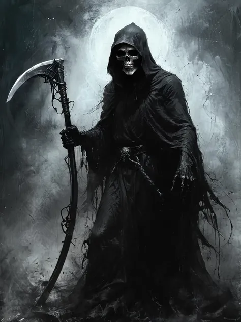 Fantasy horror the The Grim Reaper, complicated detail, whole body, with scythe, Clear view, big focus, line contour, line art, masterpiece, Illustration, dark background, 2D dutch angle, from below, low camera angle actions scene,
<lora:xl_more_art-full_v1:0.35> <lora:Desolation:0.75>