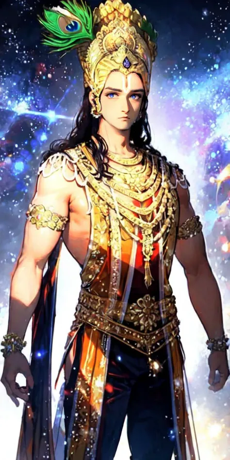 Male, blue eyes, fine gold jewelry. , god god , ,realistically ,Fine golden background. 3-D anime.