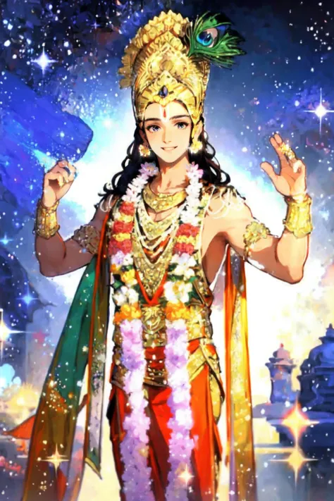 <lora:SRJ:1> 1boy, srj as krishna, golden crown with peacock feather, flower garland, handsome face, standing tall and handsome, charismatic face, colorful flower garden behind, smile, golden costume, sparkle background,