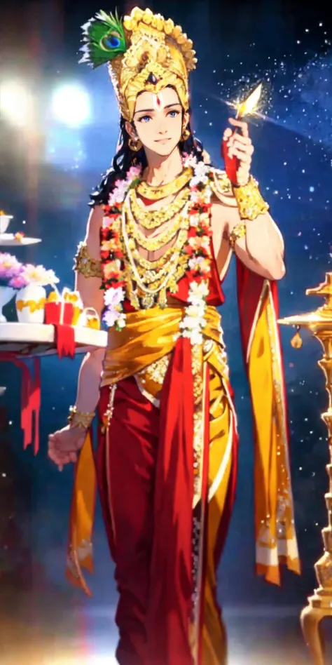 <lora:SRJ:1> 1boy, srj as krishna, golden crown with peacock feather, flower garland, handsome face, standing tall and handsome, charismatic face, colorful flower garden behind, smile, golden costume, sparkle background,, portrait of an anime person, aesthetic, wlop, trending on artstation, deviantart, anime key visual, 8k uhd, Wide angle, chaotic cabin in background. vibrant, photorealistic, realistic, dramatic, dark, sharp focus, 8k., high quality photography, 3 point lighting, flash with softbox, 4k, Canon EOS R3, hdr, smooth, sharp focus, high resolution, award winning photo, 80mm, f2.8, bokeh