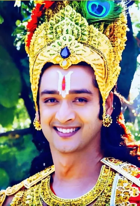 <lora:SRJ:0.9> 1boy, SRJ AS KRISHNA , PEACOCK FEATHER ON HIS HEAD CROWN, HANDSOME, CHARISMATIC FACE, TILAK ON FOREHEAD, SMILE, FULL BODY, GARDEN BEHIND, GARLAND, INTRICATE DETAILS, WARRIOR COSTUME, RAW photo, 8k uhd, dslr, soft lighting, high quality, film grain, Fujifilm XT3, ((muscular body)),