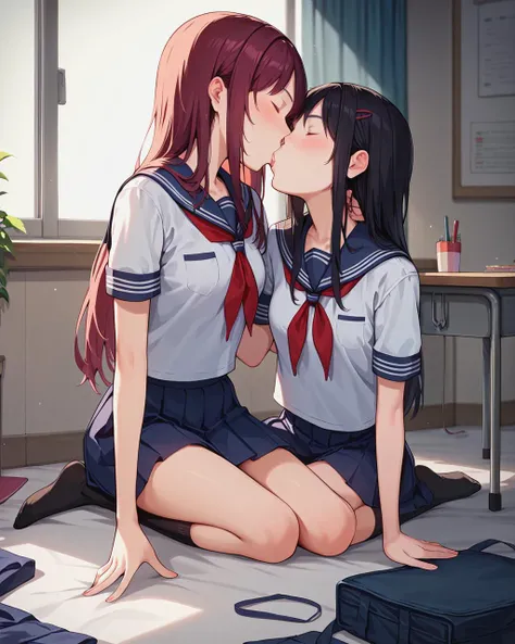score_9, score_8_up, score_7_up, source_anime, rating_questionable, BREAK 2girls, yuri, kissing, school uniform, very long hair, afternoon lighting, indoor <lora:salad_style_pony6_v1:1>
