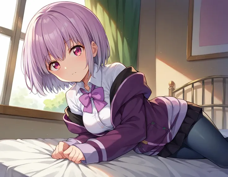 akaneshinjou, shinjou akane, light purple hair, (pink eyes:1.2), short hair,
BREAK black pantyhose, bow, collared shirt, hood, hooded jacket, jacket, open clothes, open jacket, open shirt, pantyhose, purple bow, purple jacket, school uniform, shirt, sleeves past wrists, unbuttoned shirt, white shirt,,
BREAK indoors, city,
BREAK looking at viewer, BREAK (masterpiece:1.2), best quality, high resolution, unity 8k wallpaper, (illustration:0.8), (beautiful detailed eyes:1.6), extremely detailed face, perfect lighting, extremely detailed CG, (perfect hands, perfect ???????),