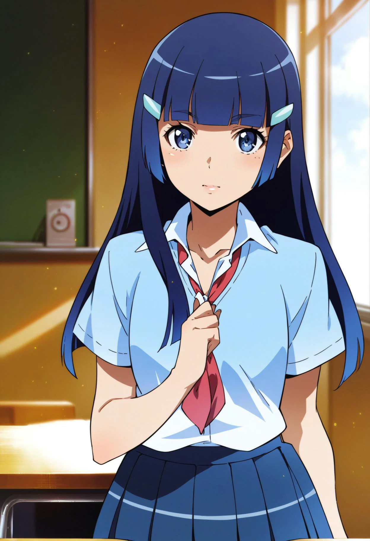 <lora:PONY-ç»-Anime:0.9> ,score_9, score_8_up, score_7_up,source_anime, uncensored,1girl,classroom,looking at viewer,school uniform, <lora:Aoki_ReikaV1:0.3>,aoki reika, dark blue hair, hime cut, blunt bangs, blue eyes, long hair,blue hairclip,, uncensored,<lora:add-detail-xl:1>,<lora:hand 4:1>,Hand,