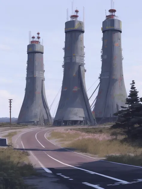 <lora:21Stalenhag:1>a painting of a road with a bunch of tall towers in the background by Simon Stalenhag