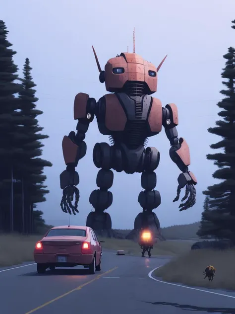 <lora:21Stalenhag:1>a car driving down a road in front of a giant robot by Simon Stalenhag