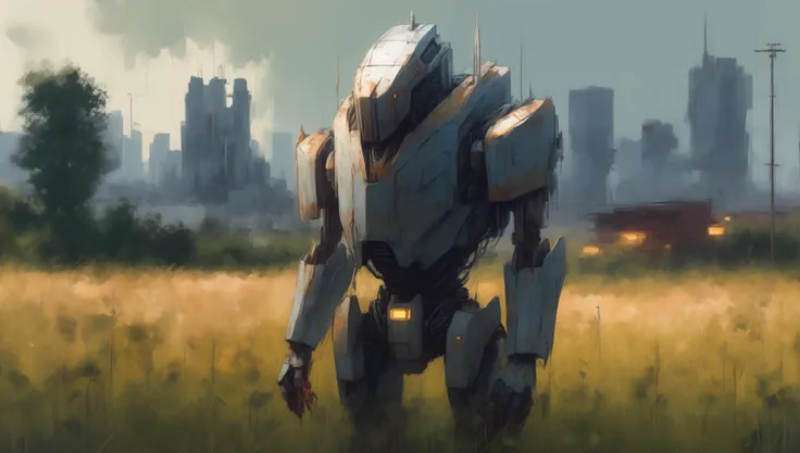 <lora:simonStLenhagStyle_sd21:1> The Iron Knight standing in a field of tall grass with cityscape in behind, by Simon Stalenhag