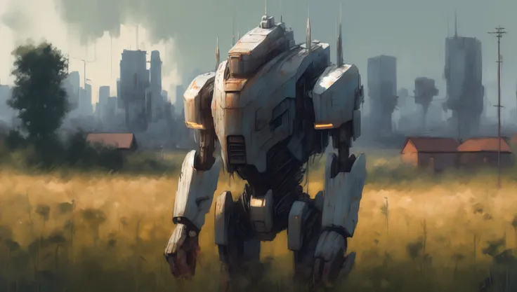 <lora:simonStLenhagStyle_sd21:1> The Iron Knight standing in a field of tall grass with cityscape in behind, by Simon Stalenhag