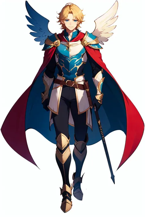 <lora:SaltyXodium Style Lora:0.8> SaltyXodium, Soft Lineart, Soft Shading,, ultra detailed, masterpiece, best quality, aesthetic, detailed,, solo, smile, 1boy, blue eyes, medium blonde hair, parted bangs, hair intakes, male focus, muscular male,, armor, pauldrons, cuirass, gauntlets, waist cape, greaves, black bodysuit, surcoat, shoulder sash, wing shoulder armor, cape, pants,
