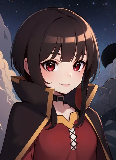 ((best quality)), ((highly detailed)), masterpiece, absurdres, detailed face, beautiful face, (detailed eyes, deep eyes), (1girl), upper body, <lora:megumin_v3:1>, black hair, red eyes, smiling, megumindef, cape, (outdoors, stars, galaxies, space, asteroids, afternoon), <lora:SaltyXodium_Style:.8>, SaltyXodium, soft lineart, loft shading