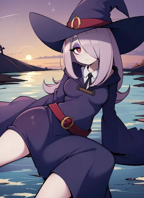 ((best quality)), ((highly detailed)), absurdres, (detailed eyes, deep eyes), (1girl), different views, lying, on side, <lora:sucyManbavaranLORA_sewsyFinal:1>, sucy, sucy_manbavaran, purple hair, long hair, hair over one eye, red eyes, makeup, (eyeshadow), medium breasts, witch hat, Luna Nova Uniform, maxi dress, wide sleeves, red belt, (outdoors, in a swamp, dusk, shooting star), <lora:SaltyXodium_Style:.8>, SaltyXodium, soft lineart, loft shading