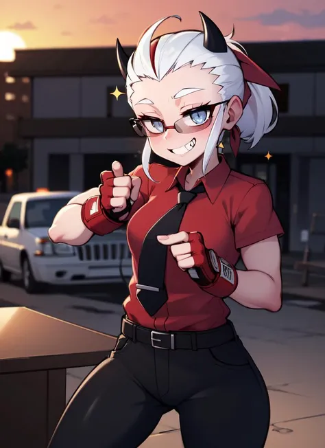 ((best quality)), ((highly detailed)), absurdres, detailed face, beautiful face, (detailed eyes, deep eyes), (1girl), fighting stance, <lora:justice:1>, justice(helltaker), medium hair, hair slicked back, red bandanna, white hair, grey eyes, (blind), demon horns, black horns, black tail, grin, (sparkles), (sunglasses), muscles, ((red shirt), collared shirt), shirt tucked in, black pants, belt, black necktie, tie clip, (red gloves), fingerless gloves, (outside, at a resort, dawn, sunrise), <lora:SaltyXodium_Style:.8>, SaltyXodium, soft lineart, loft shading