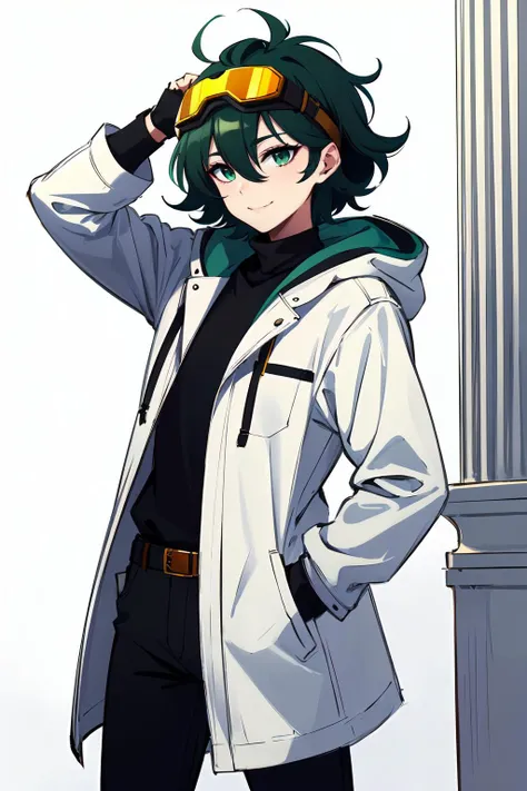 <lora:SaltyXodium Style Lora:0.8> SaltyXodium, Soft Lineart, Soft Shading, cowboy shot, column lineup,, ultra detailed, masterpiece, best quality, aesthetic, detailed,, ultra detailed, masterpiece, best quality, solo, smile, 1boy, green eyes, short hair, black hair, bangs, hair between eyes, messy hair, (goggles on head:1.2),, headband, white coat, hooded coat, hood down, open coat, turtleneck, capri pants, pants, black knee boots,