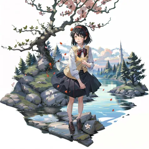 close up, A close-up view of the breasts,  1 girl, blush, scenery, stone fragment,  steel fragment, glass fragment,beautiful detailed water, cloud, sun, dusk, beautiful detailed cloud, Tokyo, Tokyo(City), leaf, (crying, crying with eyes open, maple leaf:1.2), (river, small river, river waves:1.1), water splashes, 1girl,  solo, smile, (red bow, red bowtie, red hairband, red ribbon, ribbon, sad smile,  school uniform, shirt, short hair, black hair:1.4),  blush,   <lora:makotoShinkaiSubstyles_offset:1>, [(white background:1.5)::5], (bottle bottom:0.9), <lora:gachaSplashLORA_gachaSplash31:1>, mid shot, full body, (kimi no na wa, vest, white shirt, yellow sweater vest, yellow vest, hair ribbon, hairband:1.5), shinkai makoto, blush, (symbol-shaped pupils:1.1), dynamic pose, dynamic arm, cherry blossoms in full bloom, spring flowers, cherry blossoms,