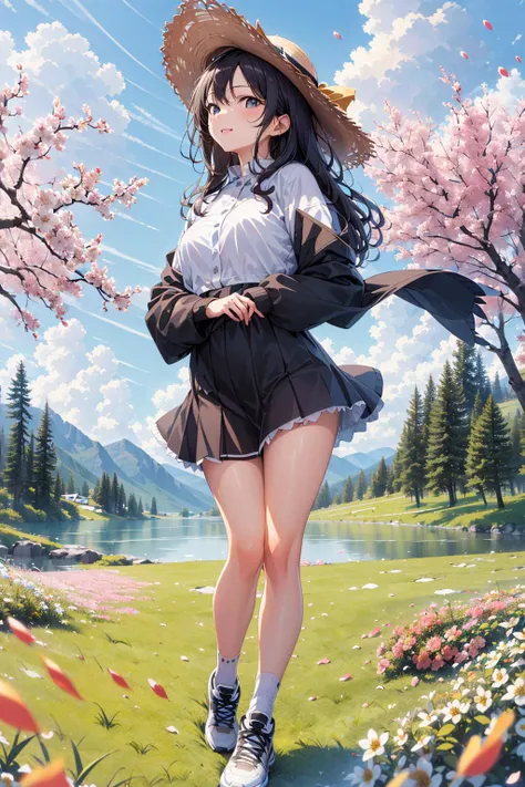 [(white background:1.7),::5], (masterpiece, realistic, best quality, ultra detailed, highres, super fine illustration, 8k, absurdres:1.2), (detailed beautiful face and eyes:1.2), (far shot:1.2), (1girl, solo:1.3), wavy hair, black hair, long hair, teenage, looking at another, from side, head tilt, smile, happy, straw hat, white shirt, black skirt, intricate skirt, medium breasts, off shoulder, (sneakers:1.2), socks, 
(cloudy sky, (mountain:0.4), grasses, (forest:0.7), flower, spring \(season\), (falling petals:1.5), (lake:0.7), colorful background, :1.2), <lora:gachaSplashLORA_v40:1>