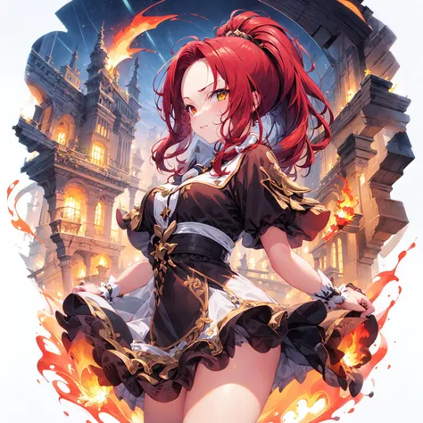 [(white background:1.5),::5], (circle:1.2), <lora:gachaSplashLORA_v40:1>, (1girl), (solo), masterpiece, best quality, ultra detailed, highres, super fine illustration, 8k, anime screencap, detailed beautiful face and eyes, fantasy, full body, (colorful), cinematic lighting, intricate skirt, 
((flying fire sparks)), (light theme:1.3), light, fantasy, looking at viewer, multicoror hair, long hair, forehead, Ponytail, red hair, heterochromia, teen, medium breasts, (desert:1.5), rock, non cloud sky, sunlight, sun, Flame Effects, furious, (smirk:0.7)