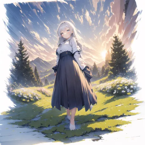 [(white background:1.5)::5], hexagon,masterpiece, best quality,
1 girl, mid shot, full body, day, dusk, sun, the top of the hill, on a hill, in a meadow, against backlight at dusk, 
<lora:gachaSplashLORA_gachaSplashFarShot:1>,
