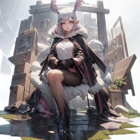 (masterpiece:1.3), best quality, <lora:gachaSplashLORA_gachaSplash30:0.9>, <lora:ArknightsManticore_10:1>, [(white background:1.5)::5], isometric, 1girl, manticore, hood up, snow, landscape scenery, trees, mountains, mid shot, full body
