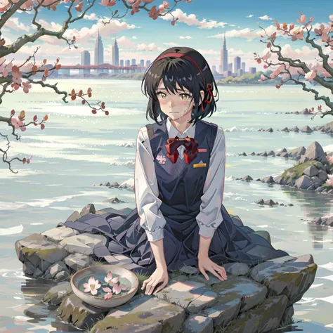 close up, A close-up view of the breasts,  1 girl, blush, scenery, stone fragment,  steel fragment, glass fragment,beautiful detailed water, cloud, sun, dusk, beautiful detailed cloud, Tokyo, Tokyo(City), leaf, (crying, crying with eyes open, maple leaf:1.2), (river, small river, river waves:1.1), water splashes, 1girl,  solo, smile, (red bow, red bowtie, red hairband, red ribbon, ribbon, sad smile,  school uniform, shirt, short hair, black hair:1.4),  blush,   <lora:makotoShinkaiSubstyles_offset:1>, [(white background:1.5)::5], (bottle bottom:0.9), <lora:gachaSplashLORA_gachaSplash31:1>, mid shot, full body, (kimi no na wa, vest, white shirt, yellow sweater vest, yellow vest, hair ribbon, hairband:1.5), shinkai makoto, blush, (symbol-shaped pupils:1.1), dynamic pose, dynamic arm, cherry blossoms in full bloom, spring flowers, cherry blossoms, buildings, skyscrapers, skyline
