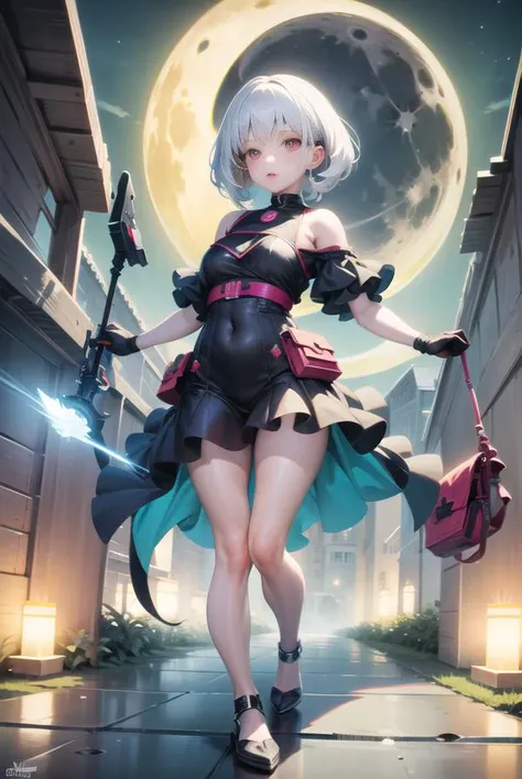 [(white background:1.5)::5], (bottle bottom:0.9), 1girl 24 years old, full_body, dancing, covered navel, night, night sky, pouch, sky, solo, weapon, white hair, wire,  (rich in details), masterpiece,(neon lamp decoration, cyborg pattern), (industry atmosphere), Tindal effect, (cybercity environment ), bony beauty, absurdity, neon lamp, screens, (Moon), plasma, robots, particle effects, crystal clear texture, star_\(sky\), cyborg, weapon, starry_sky, solo, short_hair, cleavage, earth_\(planet\),illumination,light,dynamic angle,depth of field,light and shadow,Real light and shadow,diffuse reflection, <lora:gachaSplashLORA_gachaSplashFantasy:1> ,  iulje