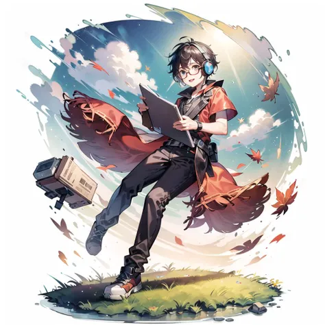 [(white background:1.5)::5], (bottle bottom:0.9), 1 boy, mid shot, full body, maple leaf, wind, floating petal, stone fragment, beautiful detailed water, cloud, sun, dusk, sunset, beautiful detailed cloud, headset, notebook, programmer, programming, digital special effects surround, technology, game development, computer graphics, rendering, caustics, radiance, 1boy wear glasses, <lora:Gacha Splash fantasy:0.6>, <lora:Colorwater_v4:0.4>