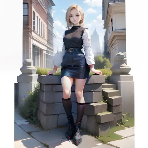 <lora:android1818DragonBall_v1:1> android_18, and18, 1girl, black shirt, blue jeans jacket, big breast, white and black strip sleeve, short blue skirt,  <lora:gachaSplashLORA_gachaSplash31:1> [(white background:1.5),::5] hexagon, 1girl, mid shot, full body, (ruined city)