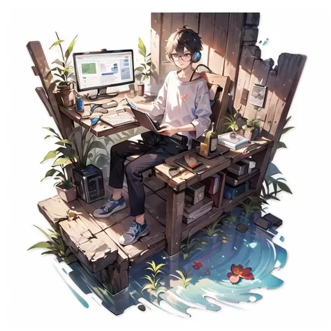 [(white background:1.5)::5], (bottle bottom:0.9), 1 boy, mid shot, full body, firefly, floating petal, stone fragment, beautiful detailed water, cloud, sun, dusk, sunset, beautiful detailed cloud, headset, notebook, programmer, programming, digital special effects surround, technology, game development, computer graphics, rendering, caustics, radiance, 1boy with glasses, <lora:Gacha Splash fantasy:0.6>  <lora:Colorwater_v4:0.4>