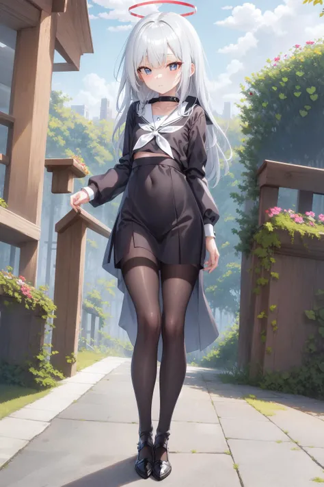 masterpiece,best quality,official art,extremely detailed CG unity 8k wallpaper,heicailai_\(biulan\), 1girl, solo,arona \(blue archive\),red halo,black eyes,beautiful detailed eyes,landscape, colorful, very long hair, grey hair, visible through hair, small breasts,over-kneehighs,hexagon ,mid shot, full body,standing, <lora:LOHACAILAI:0.6>, <lora:gachaSplashLORA_v40:0.8>