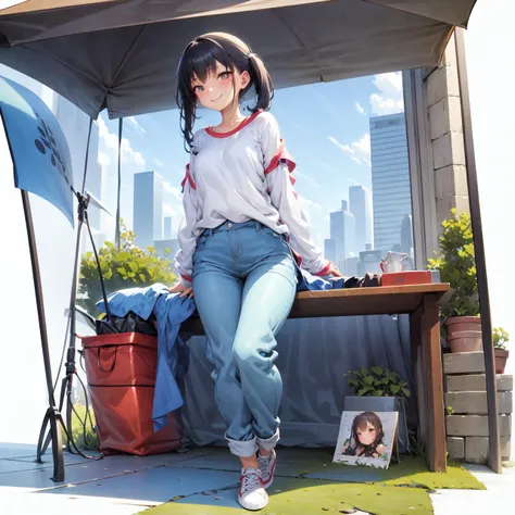 illustration, (masterpiece:1.3), best quality, ultra-detailed, <lora:gachaSplashLORA_gachaSplashFarShot:0.9>, [(white background:1.5)::5], isometric, solo, 1girl, smile, shirt, long sleeves, long pants, sneakers, skyscrapers, far shot, full body