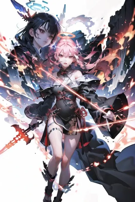 [(white background:1.5)::5] hexagon,(detailed face:1.2),smile,chinese style,immortal demeanor, long-haired man, peaks, deep ravines, stars, turbulent winds, soaring dragons, cross-shaped sword, purple clouds, giant birds, portal, smoke, flames, mystical runes, ancient robe, red petals, halo,lightning,thunder,<lora:lightAndShadow_v10:0.3>, <lora:lightlineArtLora_v10:0.3> ,<lora:yoneyamaMaiStyleLora_yoneyamaMaiV2:0.5>, <lora:gachaSplashLORA_gachaSplash31:0.4>