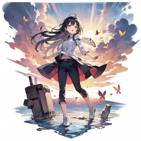 [(white background:1.5)::5], (bottle bottom:0.9), 1 girl, mid shot, full body, butterflies, floating petal, stone fragment, beautiful detailed water, cloud, sun, dusk, sunset, beautiful detailed cloud, trousers, <lora:Gacha Splash fantasy:0.6>  <lora:Colorwater_v4:0.4>