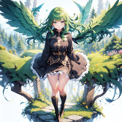 [(white background:1.5),::5], (circle:1.2), <lora:gachaSplashLORA_v40:1>, (1girl), (solo), masterpiece, best quality, ultra detailed, highres, super fine illustration, 8k, anime screencap, detailed beautiful face and eyes, fantasy, full body, (colorful), cinematic lighting, intricate skirt,
((flying Leaf)), (light theme:1.3), light, fantasy, looking at viewer, multicoror hair, very long hair, voluminous hair,blunt bangs, green hair, green eyes, teen, medium breasts, (forest:1.5), bird, (wings:2), cloud sky, (happy), spring, (wind:2), tatsumaki, (from above)
