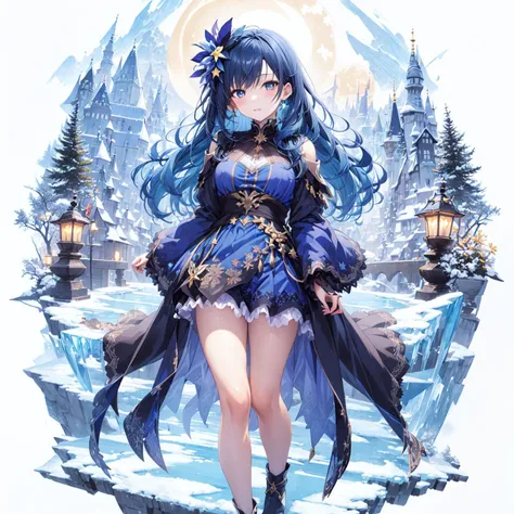 [(white background:1.5),::5], (circle:1.2), <lora:gachaSplashLORA_v40:1>, (1girl), (solo), masterpiece, best quality, ultra detailed, highres, super fine illustration, 8k, anime screencap, detailed beautiful face and eyes, fantasy, full body, (colorful), cinematic lighting, intricate skirt, ((flying ice)), (light theme:1.3), light, fantasy, looking at viewer, multicoror hair, long hair, wavy hair, blue hair, blue eye, teen, medium breasts, (crystal:0.8), (blue dress:1.3), snow, forest, house, (starry sky:1.3), flower hair ornament, full moon, look down on with disdain
