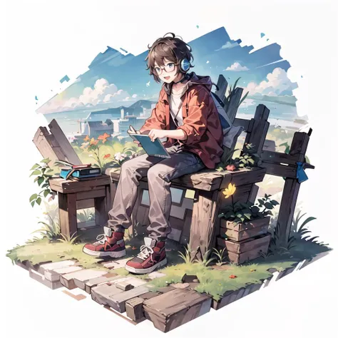 [(white background:1.5)::5], (bottle bottom:0.9), 1 boy, mid shot, full body, maple leaf, wind, floating petal, stone fragment, beautiful detailed water, cloud, sun, dusk, sunset, beautiful detailed cloud, headset, notebook, programmer, programming, digital special effects surround, technology, game development, computer graphics, rendering, caustics, radiance, 1boy wear glasses, <lora:Gacha Splash fantasy:0.6>, <lora:Colorwater_v4:0.4>