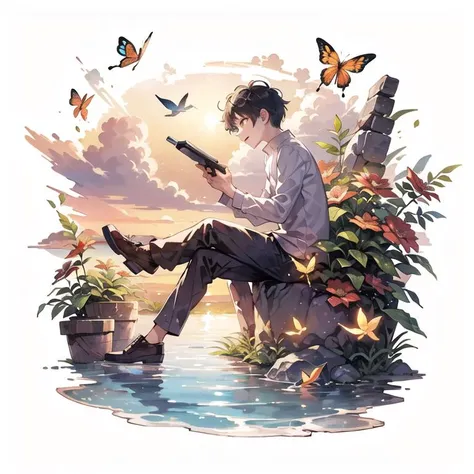 [(white background:1.5)::5], (bottle bottom:0.9), 1 boy, mid shot, full body, butterflies, floating petal, stone fragment, beautiful detailed water, cloud, sun, dusk, sunset, beautiful detailed cloud, <lora:Gacha Splash fantasy:0.6>  <lora:Colorwater_v4:0.4>
