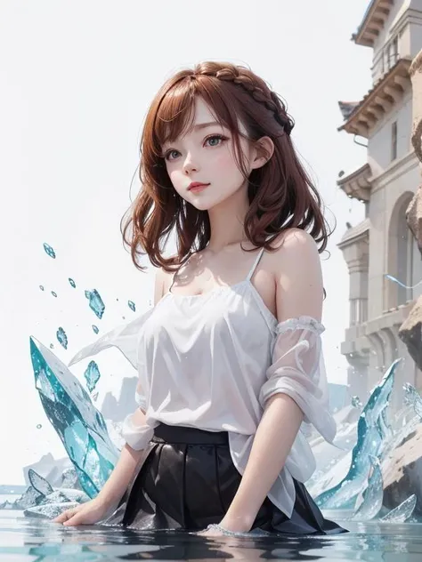 [(white background:1.5)::5], isometric OR hexagon , (masterpiece, best quality), 1girl, details, upper body, ginger hair, wavy hair, strap slip, skirt, bokeh, french braid,  happy <lora:lihui4JXK-b2-bf16-128-128-1-re1-ep3-768-DA-5015fix:1> {wind|water magic|ink|crystals|ice|fire|flame|lightning|web|rocks|sand|particles|sparkles|blood}:1.0)