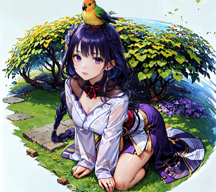 [(white background:1.5), ::5], 1girl,Masterpiece, best quality, ultra highres, extremely detailed CG, 8k wallpaper, (colorful, bird on head:1.4), character \(series\), <lora:raidenShogunLora_raidenShogun:0.55>,raiden shogun, bangs, braid, braided ponytail, bridal gauntlets, hair ornament, japanese clothes, kimono, medium breasts, long hair, long sleeves, purple eyes, purple hair, purple kimono, (wide eyed, serious:1.3),(kneeling , only face focus, from above:1.35), <lora:gachaSplashLORA_v40:0.85>,(full body, mid shot:1.3),(day, sunlight, outdoors, potted plant, branch, leaf, tree, grass, tree stump:1.15),