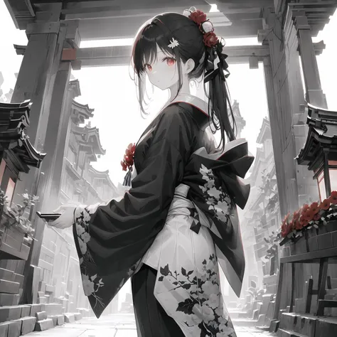 {{{{masterpiece}}}}, {{{hyper detailed}}}, {{{highres}}}, {{good anatomy}}, (((best quality))), ((an extremely delicate and beautiful)), {{an extremely detailed and delicate}}, {8k cg wallpaper}, {{illustration}}, [(white background:1.5)::5],  (greyscale with colored background:1.1), ray tracing, bokeh, (japanese architecture:1.2), (torii1.5), (mature female:1.2), from side, mid shot, 1girl, (((solo))), looking at viewer, (red eyes:1.2), medium breasts, ((japenese clothes)), (red flowers:1.2), hiten1, <lora:gachaSplashLORA_gachaSplash30:1>