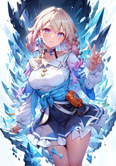 [(white background:1.5)::5], (rich in details), masterpiece, (crystal decoration, crystal pattern), (horrible atmosphere), Tindal effect, (Balance and coordination between all things), bony beauty, absurdity, plasma, particle effects, crystal clear texture, star_\(sky\), space, starry_sky, galaxy, standing on platform,

((masterpiece)), breasts, looking_at_viewer, short hair, multicolored_eyes, pink hair, bangs, blue_eyes, (long locks:1.4), (ribbon earrings),

collarbone, white_shirt, long_sleeves, choker, flower, blue camera, blue_skirt, blue_flower,

critical angle