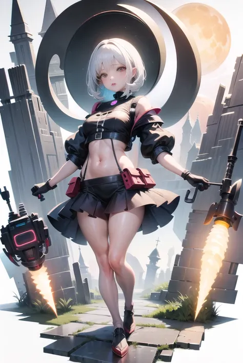 [(white background:1.5)::5], (bottle bottom:0.9), 1girl 24 years old, full_body, dancing, covered navel, night, night sky, pouch, sky, solo, weapon, white hair, wire,  (rich in details), masterpiece,(neon lamp decoration, cyborg pattern), (industry atmosphere), Tindal effect, (cybercity environment ), bony beauty, absurdity, neon lamp, screens, (Moon), plasma, robots, particle effects, crystal clear texture, star_\(sky\), cyborg, weapon, starry_sky, solo, short_hair, cleavage, earth_\(planet\),illumination,light,dynamic angle,depth of field,light and shadow,Real light and shadow,diffuse reflection, <lora:gachaSplashLORA_gachaSplashFantasy:1> ,  iulje