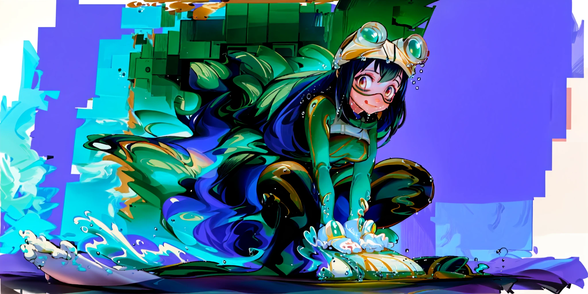(masterpiece, best quality:1.1), (asui tsuyu:1), squatting, boku no hero academia, frog girl, green bodysuit, gloves, goggles, :>, (floating:1.1), (floating_hair:1.1), looking_at_viewer, (white background:1.5), (bottle bottom:0.9), mid shot, full body, water, splash, mana, lens_flare, <lora:guardianTalesSALChibi_v10:0.9>, <lora:gachaSplashLORA_gachaSplashFantasy:1>, <lora:theovercomer8sContrastFix_sd15:1>, <lora:asuiTsuyuFrogGirl_v1487:1>