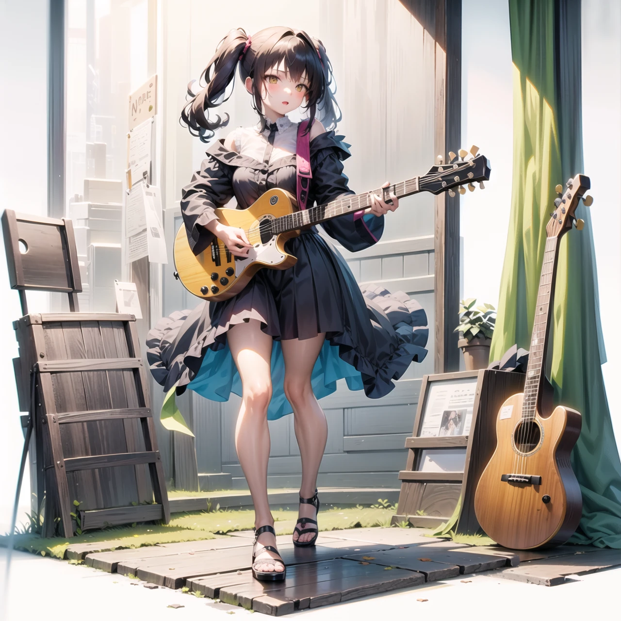 [(white background:1.5)::5], (bottle bottom:0.9),
1 girl, mid shot, full body,((masterpiece,best quality)), solo, black skirt, yellow eyes, electric guitar, guitar, holding, holding plectrum, instrument, long hair,music, one side up, light purple hair, playing guiter, pleated skirt, black shirt, indoors,anime-background-style-v2, 001glitch-core