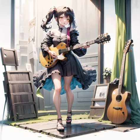 [(white background:1.5)::5], (bottle bottom:0.9),
1 girl, mid shot, full body,((masterpiece,best quality)), solo, black skirt, yellow eyes, electric guitar, guitar, holding, holding plectrum, instrument, long hair,music, one side up, light purple hair, playing guiter, pleated skirt, black shirt, indoors,anime-background-style-v2, 001glitch-core