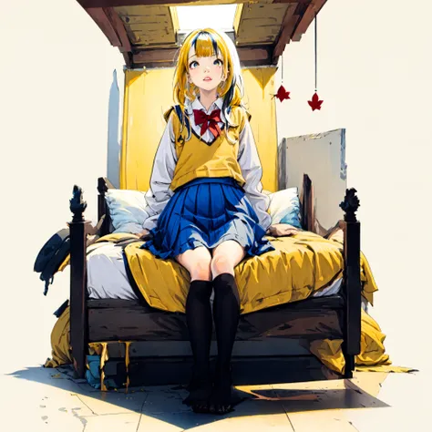 <lora:gachaSplashLORA_gachaSplashFantasy:1>,[(white background:1.5)::5], (bottle bottom:0.9), 1 girl, mid shot, full body,yellow hair,school uniform,Red bow,Black shoes,bule eyes,long legs,stright legs,black legwear, bedroom