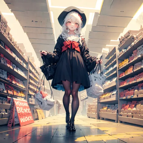 <lora:gachaSplashLORA_gachaSplashFantasy:1>,[(white background:1.5)::5], (bottle bottom:0.9), 1 girl, mid shot, full body,white hair,black dress,Red bow,Black shoes,bule eyes,long legs,stright legs,black legwear, supermarket