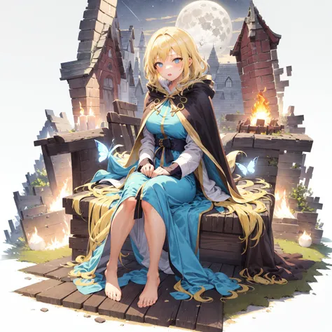 1 girl, mid shot, full body, blonde hair,blue eyes,Linen Hooded Cape, blue dress
bonfire,sitting under the broken wall, sky, detailed moon, light particles, butterflies, night, starry sky, <lora:gachaSplashLORA_gachaSplashFarShot:1>,
[(white background:1.5)::5], hexagon,masterpiece, best quality