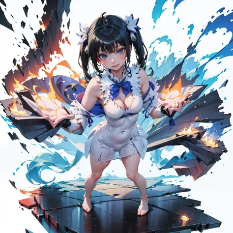 best quality, masterpiece, [(white background:1.5)::5], isometric, 1 girl, mid shot, fire, magma, flame, light particles, full body, <lora:gachaSplashLORA_gachaSplashFantasy:0.9>,   <lora:hestiaDanmachiLora_v10:0.9> hestia, \(danmachi\), breasts, long hair, blue ribbon, twintails, gloves, ribbon, dress, rei no himo, large breasts, blue eyes, black hair, white gloves, cleavage, white dress, hair ribbon, bow, sleeveless, sleeveless dress, bangs, hair ornament, bowtie, clothing cutout, very long hair, covered navel, arm ribbon, light smile, SFW