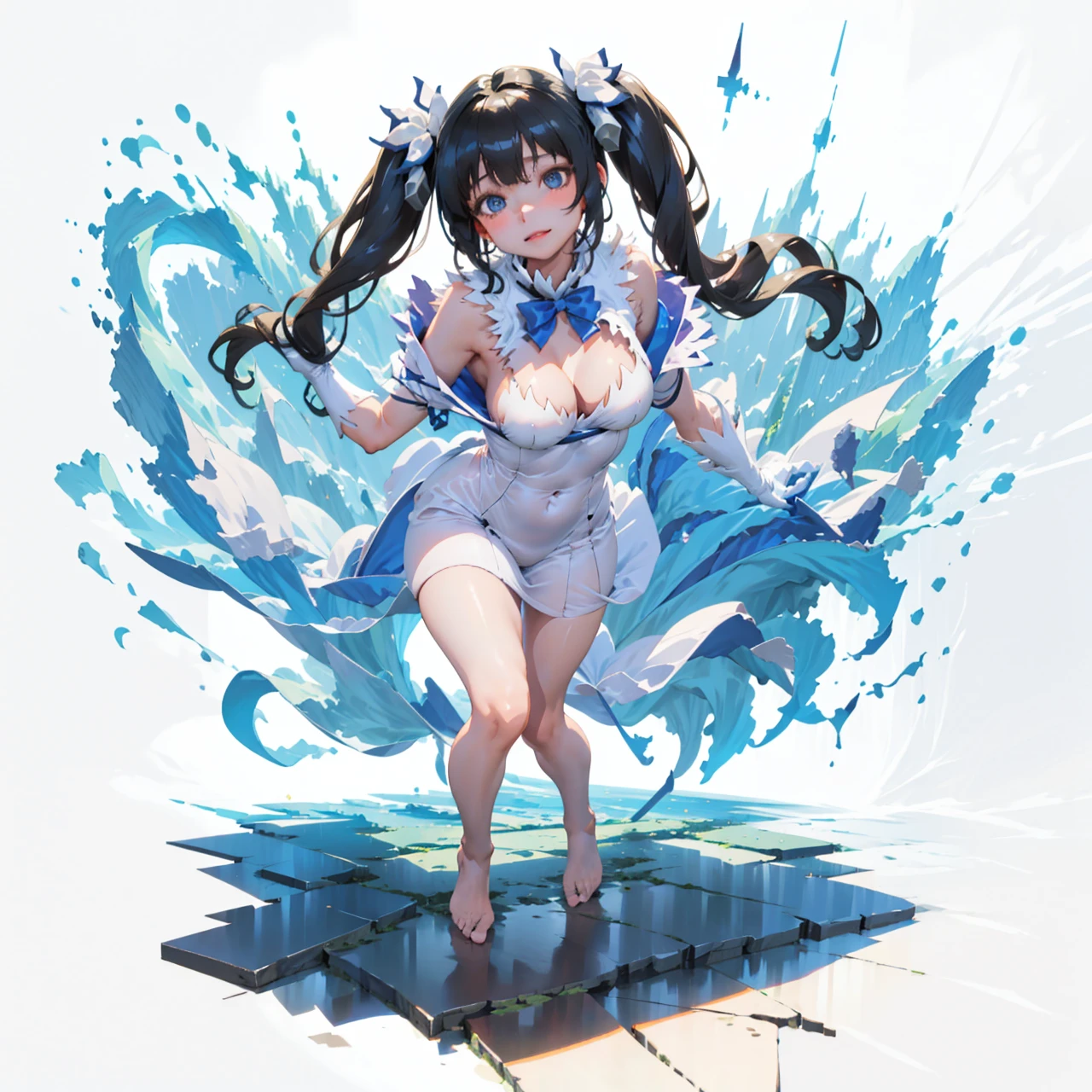 best quality, masterpiece, [(white background:1.5)::5], isometric, 1 girl, sea wave,luminous butterfly, moon, light particles, full body, <lora:gachaSplashLORA_gachaSplashFantasy:0.9>,   <lora:hestiaDanmachiLora_v10:0.9> hestia, \(danmachi\), breasts, long hair, blue ribbon, twintails, gloves, ribbon, dress, rei no himo, large breasts, blue eyes, black hair, white gloves, cleavage, white dress, hair ribbon, bow, sleeveless, sleeveless dress, bangs, hair ornament, bowtie, clothing cutout, very long hair, covered navel, arm ribbon, light smile
