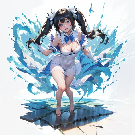 best quality, masterpiece, [(white background:1.5)::5], isometric, 1 girl, sea wave,luminous butterfly, moon, light particles, full body, <lora:gachaSplashLORA_gachaSplashFantasy:0.9>,   <lora:hestiaDanmachiLora_v10:0.9> hestia, \(danmachi\), breasts, long hair, blue ribbon, twintails, gloves, ribbon, dress, rei no himo, large breasts, blue eyes, black hair, white gloves, cleavage, white dress, hair ribbon, bow, sleeveless, sleeveless dress, bangs, hair ornament, bowtie, clothing cutout, very long hair, covered navel, arm ribbon, light smile
